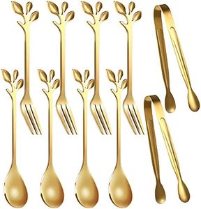 Leaf Coffee Spoons, Mini Serving Tongs and Appetizer Forks Stainless Steel Sugar Cube Tongs Dessert Spoons Metal Dinner Forks for Dessert Coffee Tea (10, Gold)