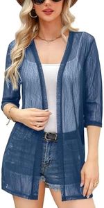 iClosam Women 3/4 Sleeve Sheer Open Front Cardigan Lightweight Kimono Cover Ups Gray Blue