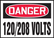 Accuform Signs LELC154VSP Safety Label, Legend"Danger 120/208 Volts", 3.5" Length x 5" Width x 0.004" Thickness, Adhesive Vinyl, Red/Black on White (Pack of 5)