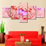 TUMOVO House Decorations Living Room Nail Design Pictures Spa Treatments Paintings 5 Panel Pink Prints Wall Art on Canvas Giclee Modern Artwork Stretched and Framed Ready to Hang (50''Wx24''H)