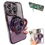 Glitter Rhinestones Magnetic for iPhone Case with Invisible Stand, Transmitg Glitter Rhinestones Gradient with Lens Protection for iphone 15/14/13/12 case (Purple,for iPhone 15promax)