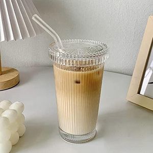 YAHUIPEIUS Glass Tumbler Stripe Glass Cup Coffee Cup With Lid and Straw LIDS DON'T SECURE 12.5 oz Drinking Glasses for Water,Iced Coffee,Milk,Tea,Juice (A-Stripe)