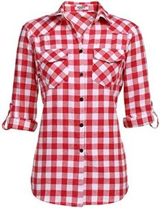 Zeagoo Women's Plaid Flannel Shirt, Roll Up Long Sleeve Checkered Cotton Shirt