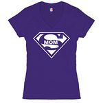 Super Mom Women's V-Neck T-Shirt Funny Motherhood Parenting Humor Cute Boys Girls Supermom Cool Soccer Mama Bear Life Tee, Purple, Medium