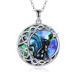 SHEAISRS Celtic Moon Black Cat Necklace for Women Sterling Silver Cat Jewelry for Women Abalone Necklace Cat Gifts for Cat Lover