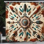 ABAKUHAUS Rustic Shower Curtain, Bohemian Feathers and Arrows in Southwestern Influences Indigenous Folk, Cloth Fabric Bathroom Decor Set with Hooks, 70 Inches, Redwood Teal Champagne