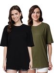 FUNDAY FASHION Cotton Half Sleeve Printed Oversized T-Shirt for Womens/Girls (Pack of 2) (XX-Large, Black & Army)