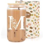 Coolife Initial Glass Cup, Monogrammed Gifts for Women, 16 oz Glass Cups w/Lids Straws, Iced Coffee, Smoothie, Beer Glass Tumbler w/Straw Lid - Personalized Christmas, Birthday Gifts for Her Mom