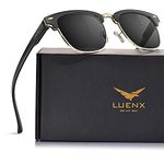 LUENX Retro Polarized Square Sunglasses for Men and Women with Semi Rimless, 52MM Non-mirrored Black Lens Glossy Black Frame with Spring Hinge