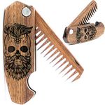 Wooden Beard Comb for Men Folding Pocket Comb for Moustache Beard & Hair Walnut Combs with the Engraving (Skull)