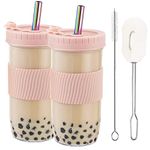 HEFBCOMK 2 Pack Reusable Boba Cup Smoothie Tumbler Glass Bubble Tea Cup, 24oz Iced Coffee Cups with Lids and Straws, Mason Jar Drinking Glasses for Bubble Tea, Beer, Smoothie, Juice (Rose Pink)