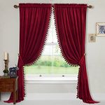 StangH Luxury Red Pompom Velvet Curtains - Christmas Home Decoration Thermal Insulated Room Darkening Window Drapes for Bedroom/Living Room/Sliding Door/Theater, W52 x L96, 2 Panels & Tiebacks