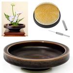 Japanese Classical Ikebana Vase Kit, Minimalist Ceramics Flower Pot Flower Shallow Container with 2.4inch Flower Frog and 2-in-1 Flower Arrangement Kenzan Needle Straightening Tool