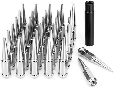 DYNOFIT 14mmx1.5 Spike Lug Nuts, 32PCS Chrome M14x1.5 Lug Nut, 4.4 inch Tall Closed End Nuts with 1 Socket Key Compatible with Chevy Silverado 1500 GMC Sierra 2500 3500,F250 F350 2003-2016