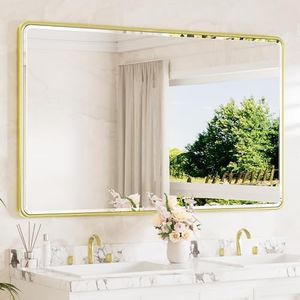 TETOTE Brushed Gold Framed Bathroom Mirror 60" x 36" Large Beveled Edge Tempered Glass, Round Corner Rectangle Bathroom Mirror for Modern Bathroom, Living Room, Bedroom, Entryway