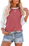 Bingerlily Women's Casual T-Shirts 3/4 Sleeve Color Block Cute Tops Comfy Blouses, Deep Peach, Small