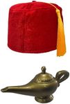 Nicky Bigs Novelties Red Fez Hat Cap And Genie Magic Wish Lamp Costume Set Kit