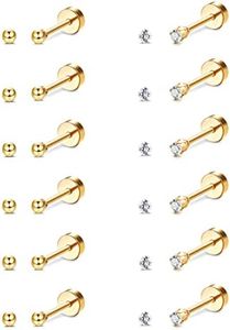 Kakonia 12 Pairs 20G Cartilage Earrings Stud for Women Men Stainless Steel Tiny 2mm & 3-8mm Studs CZ Round Ball Flatback Earring Set