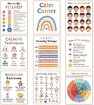 9 Calming Corner Posters Classroom, Calm Down Corner Feelings Chart for Kids, Mental Health Posters, Classroom Educational Poster Emotions Chart Coping Skills, Preschool Classroom Wall Art Decorations