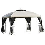 Outsunny 12' x 10' Patio Gazebo Canopy with Double Tier Roof, Outdoor Sun Shelter with Removable Mesh Sidewalls, Triangular Display Shelves for Deck, Lawn, Beige