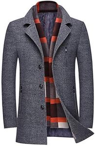WULFUL Men’s Wool Blend Winter Coat Slim Fit Short Trenchcoat Warm Business Jacket with Detachable Soft Wool Scarf, Grey 01, Large