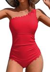 Charmo One Piece Swimsuit One Shoulder Bathing Suit for Women Ribbed Swim Suit Scalloped Slimming Elder Swimwear Full Coverage Red S