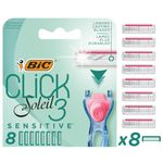 Bic Click 3 Soleil Sensitive Women's Razor Refills, 3 Moveable Blades and Lubricating Strip - Box of 8 Cartridges, Blue