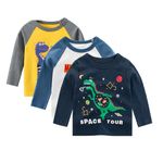 SUPFANS Toddler Boys 3 Pack Long Sleeve Shirts 100% Cotton Dinosaur Excavator Police Car T-Shirts (Set C, 3 Years)