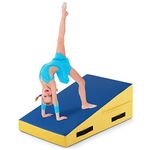 GYMAX Incline Gymnastics Mat, Wedge Shape Gymnastics Incline Mat Non-Folding Gymnastics Gym Fitness Tumbling Mat, Ideal for Tumbling, Practice & Exercise (33" X 24" X 14") (Blue+Yellow)