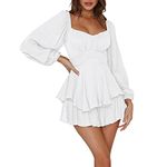 FeMereina Women's Off Shoulder Ruffle Dress Lantern Long Sleeve Ruffle Tie Mini Shorts Jumpsuit Smocked Layered Chiffon Boho Romper Dress (White, S)