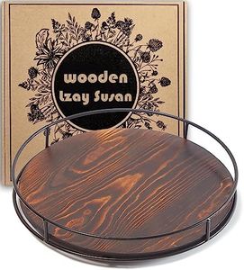 12 Inch Wood Lazy Susan Turntable for Table, Kitchen Rustic Brown Turntable Organizer with Steel Frame, 360 Degree Decorative Turntable for Countertop Cabinet or Centerpieces