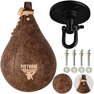 FISTRAGE Speed Bag Boxing Ball Leather MMA Muay Thai Training Punching Dodge Striking Kit with Free Hanging Swivel Workout Speedball Kicking Platform Equipment (Vintage Beige)