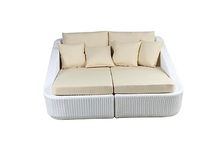 DEVOKO Patio Rattan & Wicker Daybed,Thick Seat & Back Cushions, Double Conversation Bed For Garden, Backyard, Terrace (White & Cream, Matte)