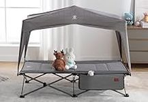 EVER ADVANCED Portable Deluxe Toddler Sleeping Cot with Canopy, Foldable Kids Camping Cot Travel Bed, with Carry Bag, for Indoor & Outdoor,140lbs, Grey