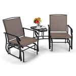 COSTWAY Garden Double Glider Rocking Chairs, 2 Seater Swing Chair Relax Rocker with Middle Glass Table & Umbrella Hole, Metal Frame Outdoor Conversation Set Gliding Loveseat for Patio Poolside (Brown)