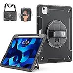 Case for iPad Air 5th Generation: Rugged Military Grade Shockproof Protective Case Compatible with iPad Air 5/4 10.9 with Pencil Holder-360° Rotatable Kickstand-Adjustable Hand/Shoulder Strap-Black…