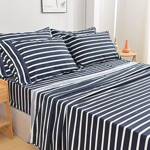 American Home Collection 6 Piece Print Bedding Sheets & Pillowcases Set Brushed Microfiber Wrinkle Free 14 Inches Deep Pocket Dark Blue Patterned Sheets (Queen, Navy Stripe)