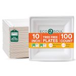 ECO SOUL Square Paper Plates (25Cm) 10" [100-Pack] Heavy Duty Compostable Sugarcane Bagasse Dinner Plates | Eco Friendly Biodegradable Disposable Plate for Dinner, Parties & Events