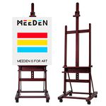 MEEDEN Large Studio Artist Easel, Hold Max Canvas 48", Solid Beech Wood H-Frame Easel with Storage Tray, Adjustable Art Paintng Easel, Studio Easel Stand with Wheel for Beginners & Artists,Deep Walnut