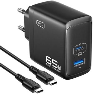 INIU 65W USB C Cargador De Alimentación, 2 Puertos USB A-USB C Adaptador de Corriente, Compacto y Ahorro de Espacio, Cargador Rápido para MacBook iPad Pro/Air, iPhone 15 14 13 Pro Max, Galaxy S23 etc.