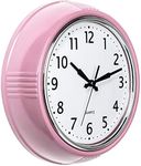 Bernhard Products Retro Wall Clock 9.5 Inch Pink Kitchen 50's Vintage Design Round Silent Non Ticking Battery Operated Quality Quartz for Home Office Baby Nursery Girls Room Classroom, Easy to Read