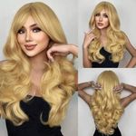 QUEENTAS 23 Inch Long Blonde Hair Wig for Women Full Head Wavy Cruly Wigs with Bangs Diwali Synthetic Hair Wig