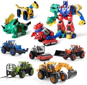 Magnetic Dinosaur Robot & Construction Truck Toys Set for Kids, 6-in-1 Magnetic Dino Transforming Robot + Push & Go Construction Vehicles, STEM Building & Sandbox Play Gift for Boys Girls Age 3-8