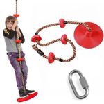 CHARMING TREASURES Platforms Disc Tree Swing Seat and Climbing Knot Rope with Carabiner Hook for Kids Outdoor Playground Set (Red with Disc)