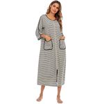 Verve Jelly Women Zipper Nightgown 3/4 Sleeve Nightdress Striped Nightshirts with Pocket Loungewear Full Length Nightgown Grey Small