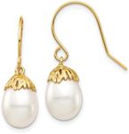 14k Real Yellow Gold 7-8mm White Rice Freshwater Cultured Pearl French Wire Drop Earrings, 23mm