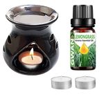 Gwan Ceramic Aroma Diffuser Oil Burner Colour Black Home Decor and Home Fragrance with Long-Lasting Aroma Oils Lemongrass, Diffuser Oil 10ml