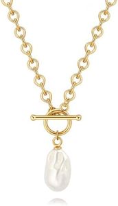 18K Gold Plated White Baroque Pearl Pendant OT Toggle Clasp Necklace Gold Simple Y-Shape Rolo Chain Necklace Irregular Shell Pearl Pendant Water Droplet Type Chain Necklace for Women