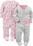 Simple Joys by Carter's Baby Girls' 2-Pack Cotton Footed Sleep and Play, Gray Butterfly/Pink Floral, 6-9 Months