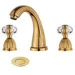 YANNLII Shiny Polished Gold Widespread Bathroom Sink Faucet,Two Crystal Handle Three Hole Brass Lavatory Vanity Faucet,8-16 Inch Basin Mixer Tap with Pop Up Drain Assembly